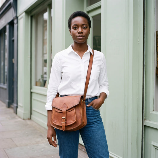 Woman in a white shirt and jeans wearing a brown leather sling bag crossbody outside a sage-green shopfront