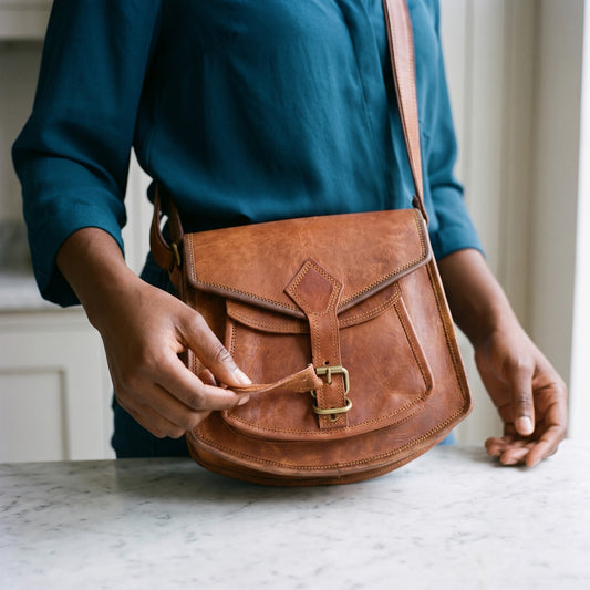 Woman fastening the brass buckle on the front pocket of a brown leather sling bag