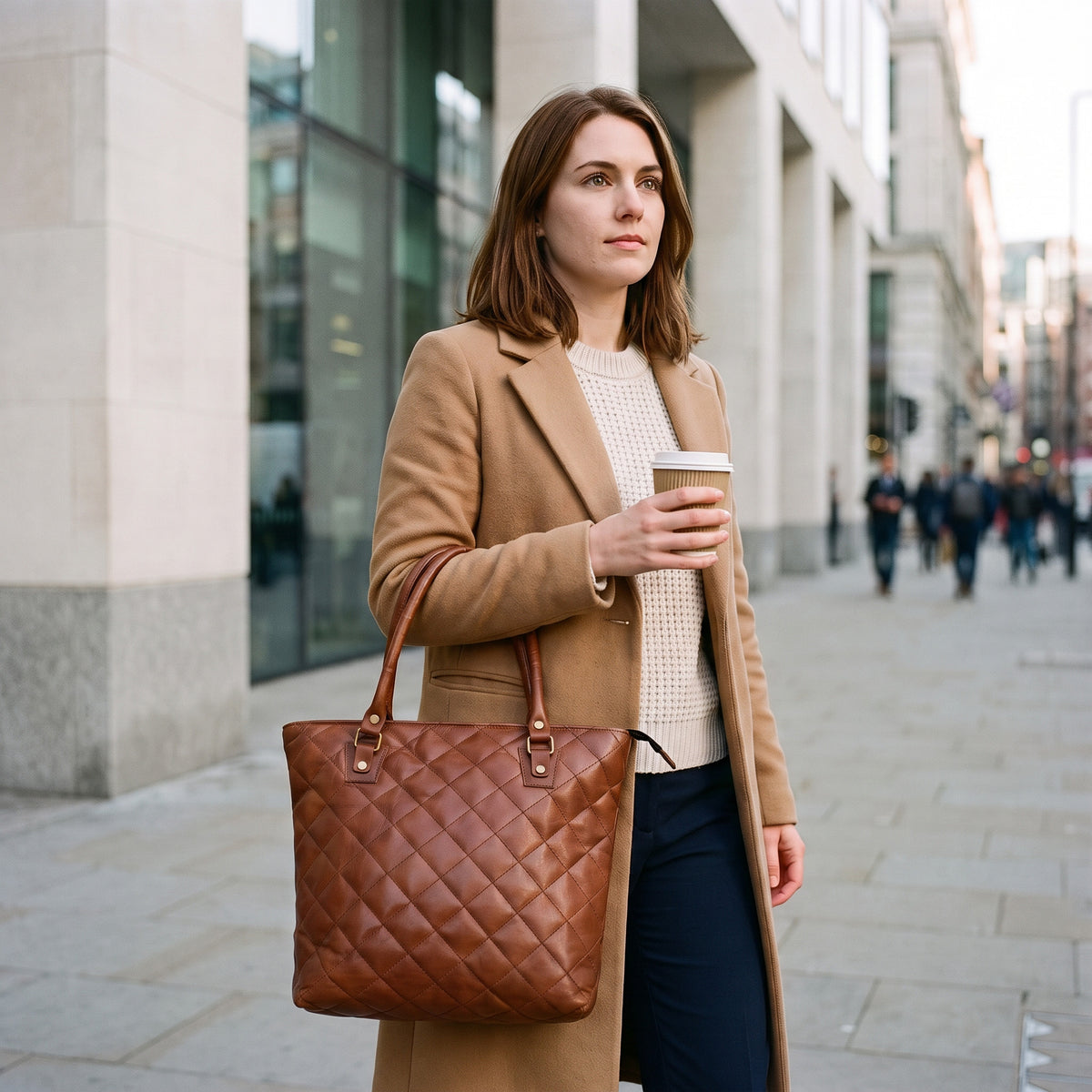 Woman with a coffee on a city street carrying the quilted Leather Tote Bag for Work on her forearm