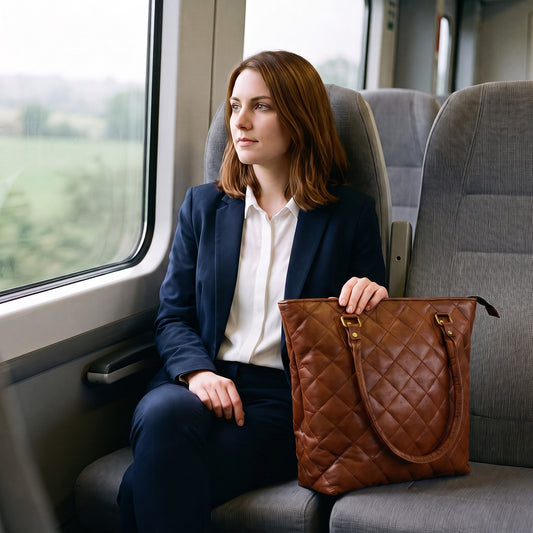 Woman in a navy suit on a commuter train with the quilted Leather Tote Bag for Work on the seat beside her