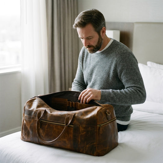 Man unpacking an open brown leather travel duffle with interior organiser pockets on a hotel bed