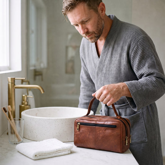 Man in a grey waffle robe setting a brown leather toiletry bag down beside a stone basin