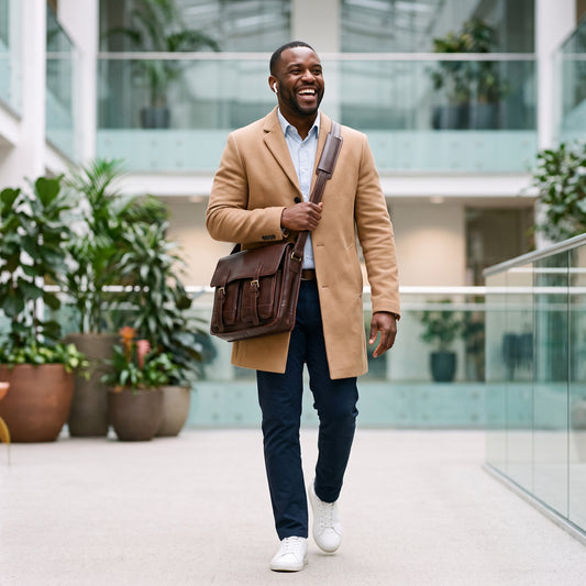 Man walking through a bright office atrium wearing The Entrepreneur leather laptop crossbody messenger bag