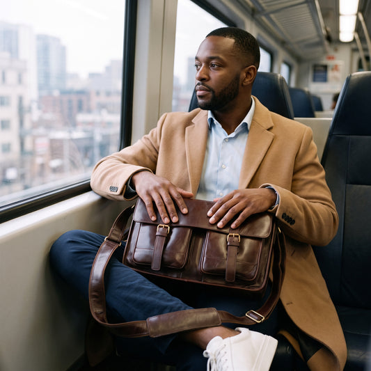 Man on a commuter train with The Entrepreneur leather laptop messenger bag on his lap