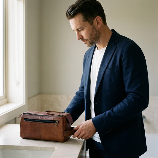 Man in a navy blazer setting a brown leather toiletry bag down on a hotel bathroom counter by its end handle