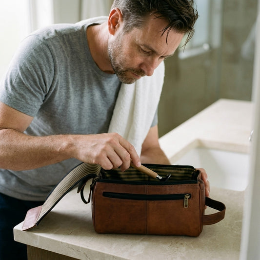 Man reaching into an open brown leather toiletry bag with striped lining on a bathroom vanity