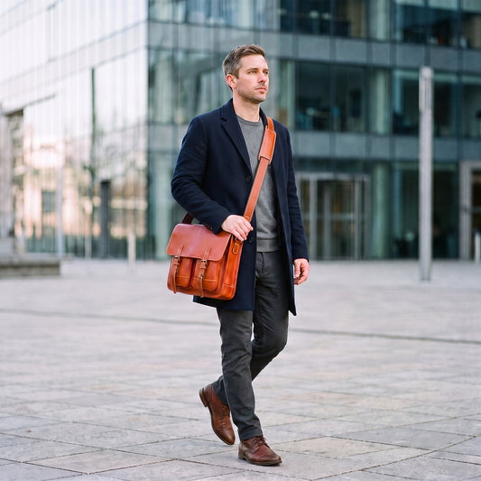 Man in a navy overcoat walking across a city plaza wearing The Cloud orange leather laptop messenger bag crossbody