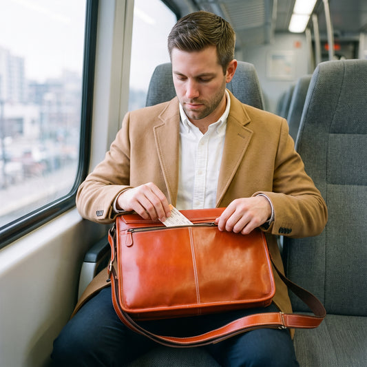 Man on a commuter train slipping a ticket into the back zip pocket of The Cloud orange leather messenger bag