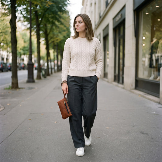 Woman in a cream cable-knit sweater walking down a tree-lined street with the small brown leather purse hanging from its wrist loop