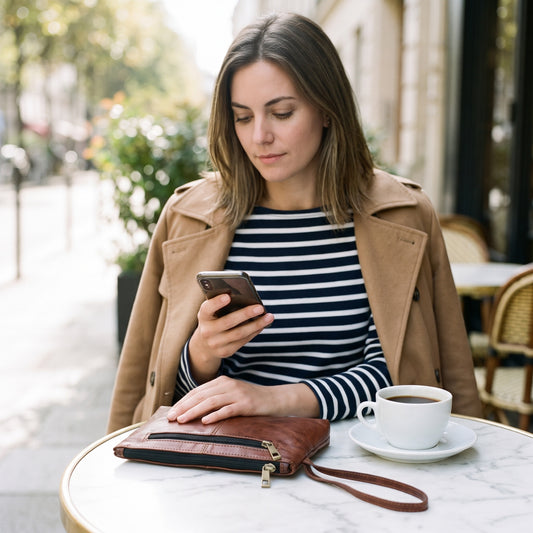 Woman at a marble cafe table checking her phone, one hand resting on the small brown leather purse beside her coffee