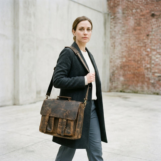 Woman in a charcoal coat in a courtyard wearing The Designer vintage leather laptop messenger bag crossbody