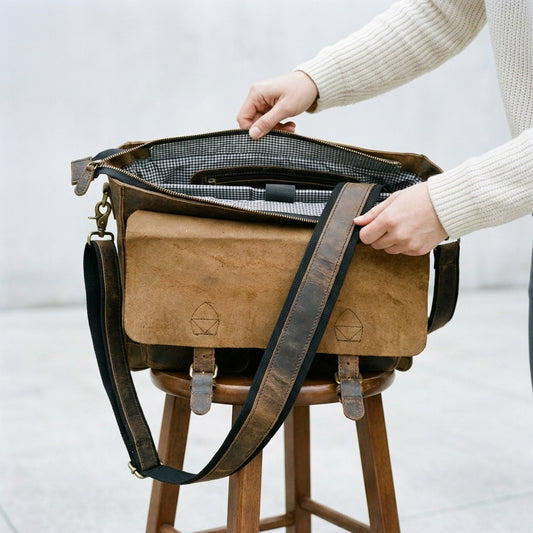 Hands opening The Designer vintage leather messenger bag on a stool to show the gingham-lined twin compartments