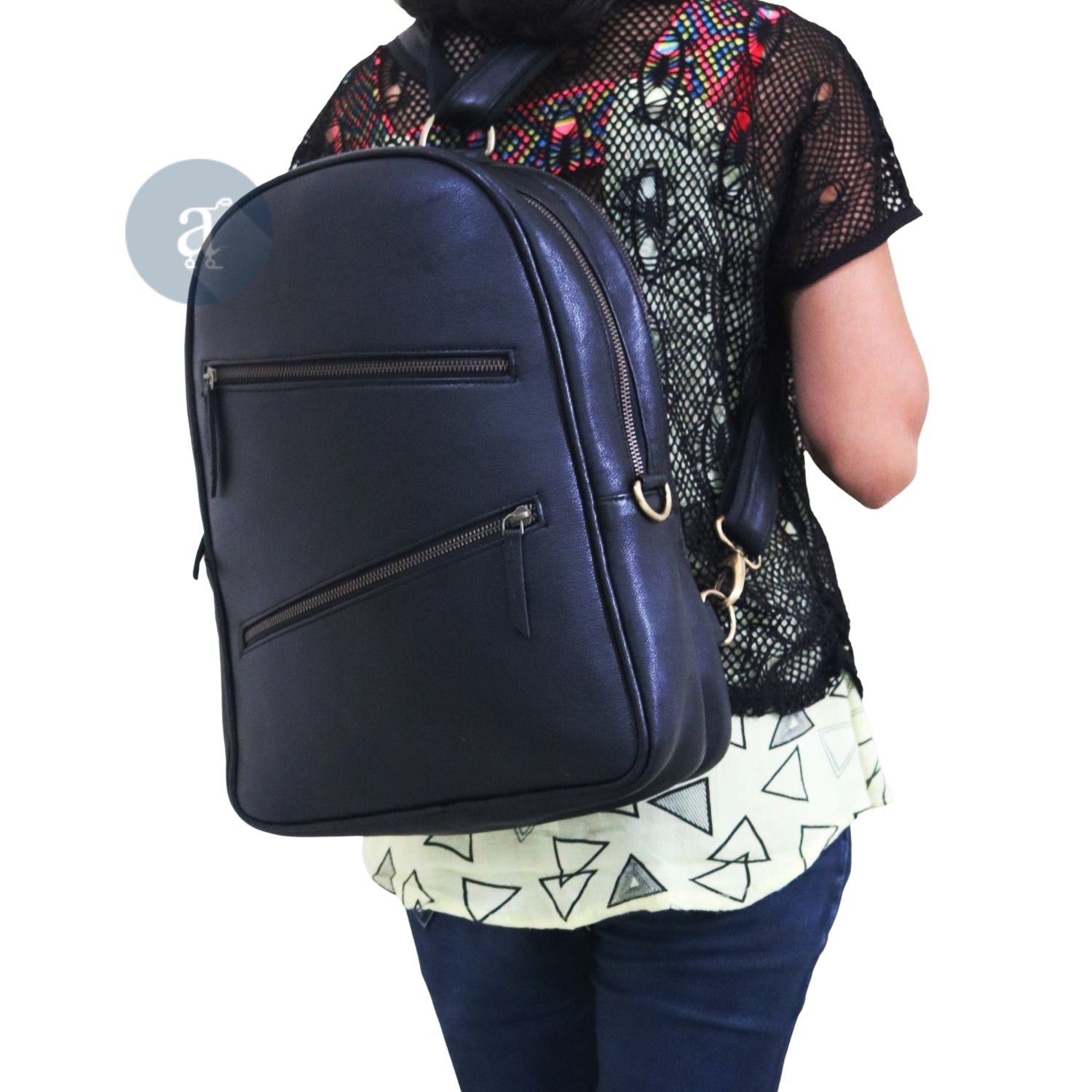 Women's Black Leather Backpack carrying staps