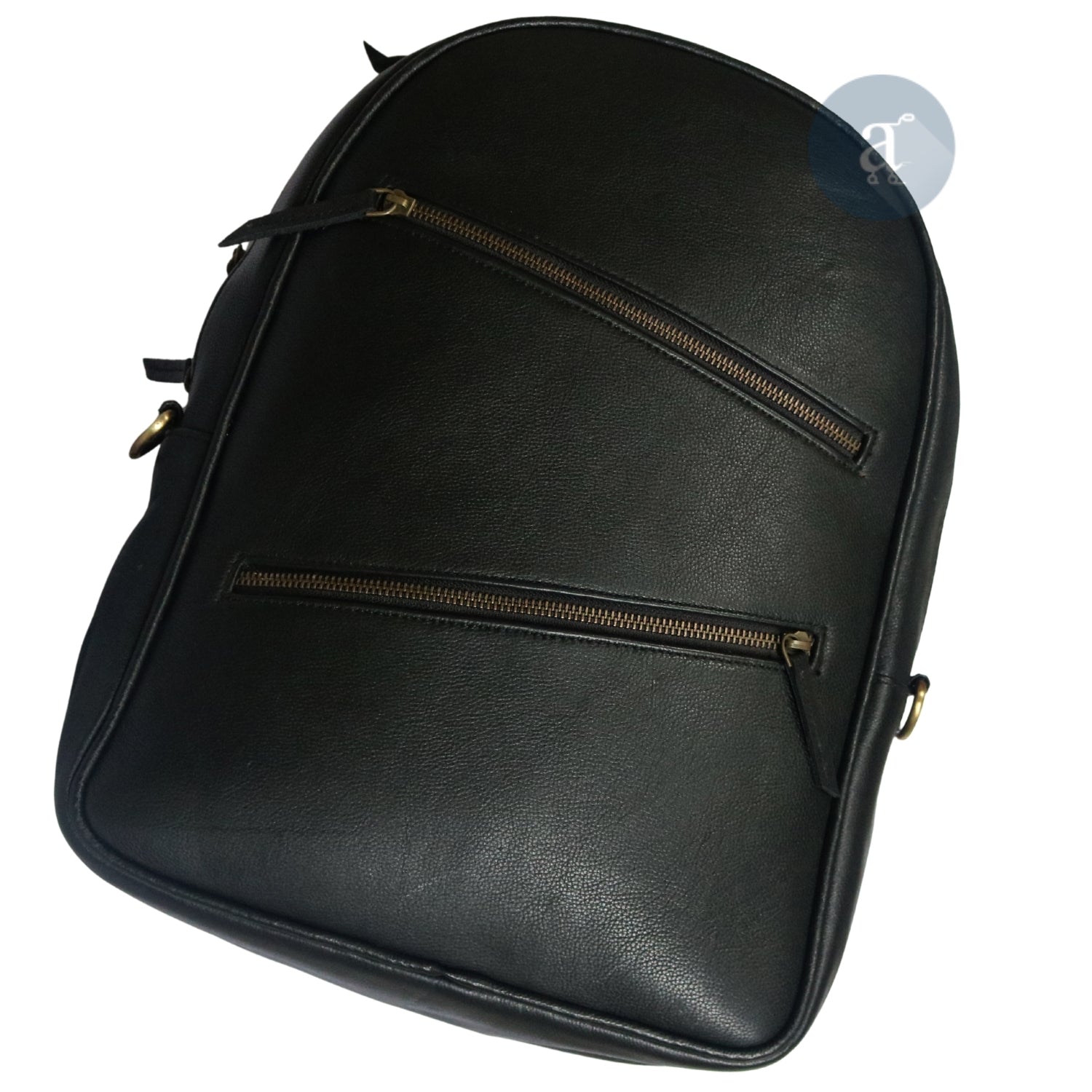 Women's Black Leather Backpack front Zippers