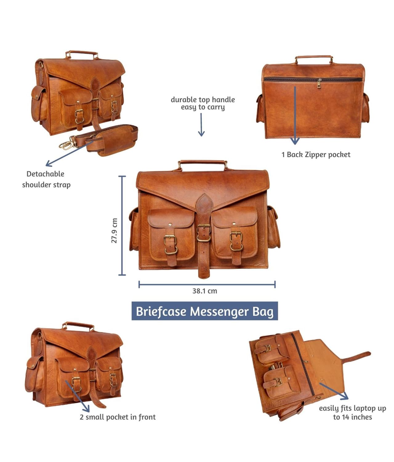 Vintage Leather Satchel Messenger Bag for Men Details