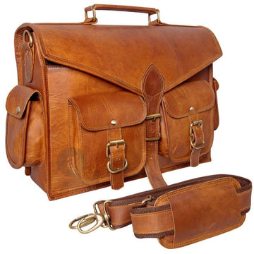 Vintage Leather Satchel Messenger Bag for Men Side View with Strap